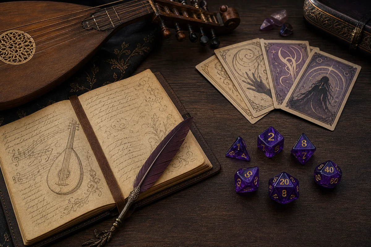 Bard adventuring toolkit with lute, campaign journal, cards, quill, and purple polyhedral dice