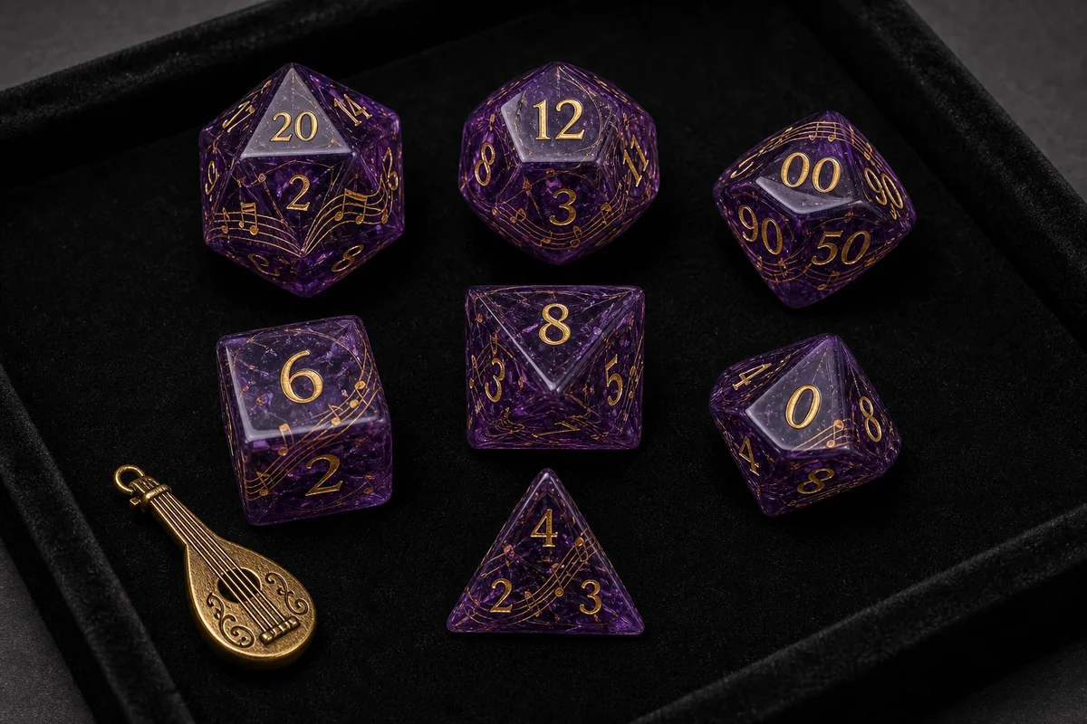 Purple and gold Bard dice set concept with seven polyhedral dice and a lute charm