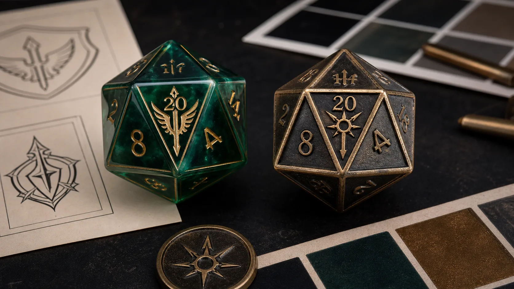Custom DND dice logo and symbol face options showing engraved d20 dice with artwork references for RPG publishers and dice brands