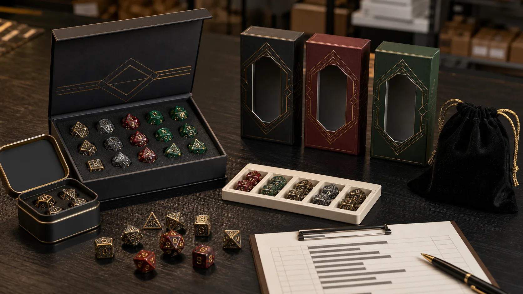 Custom DND dice packaging and MOQ planning with private label boxes, dice bags, tins, sample trays, and wholesale order sheet
