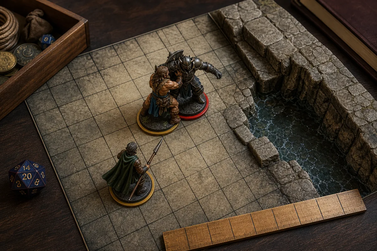 Top-down battle map showing one miniature grappling an armored target while an ally positions near a ledge