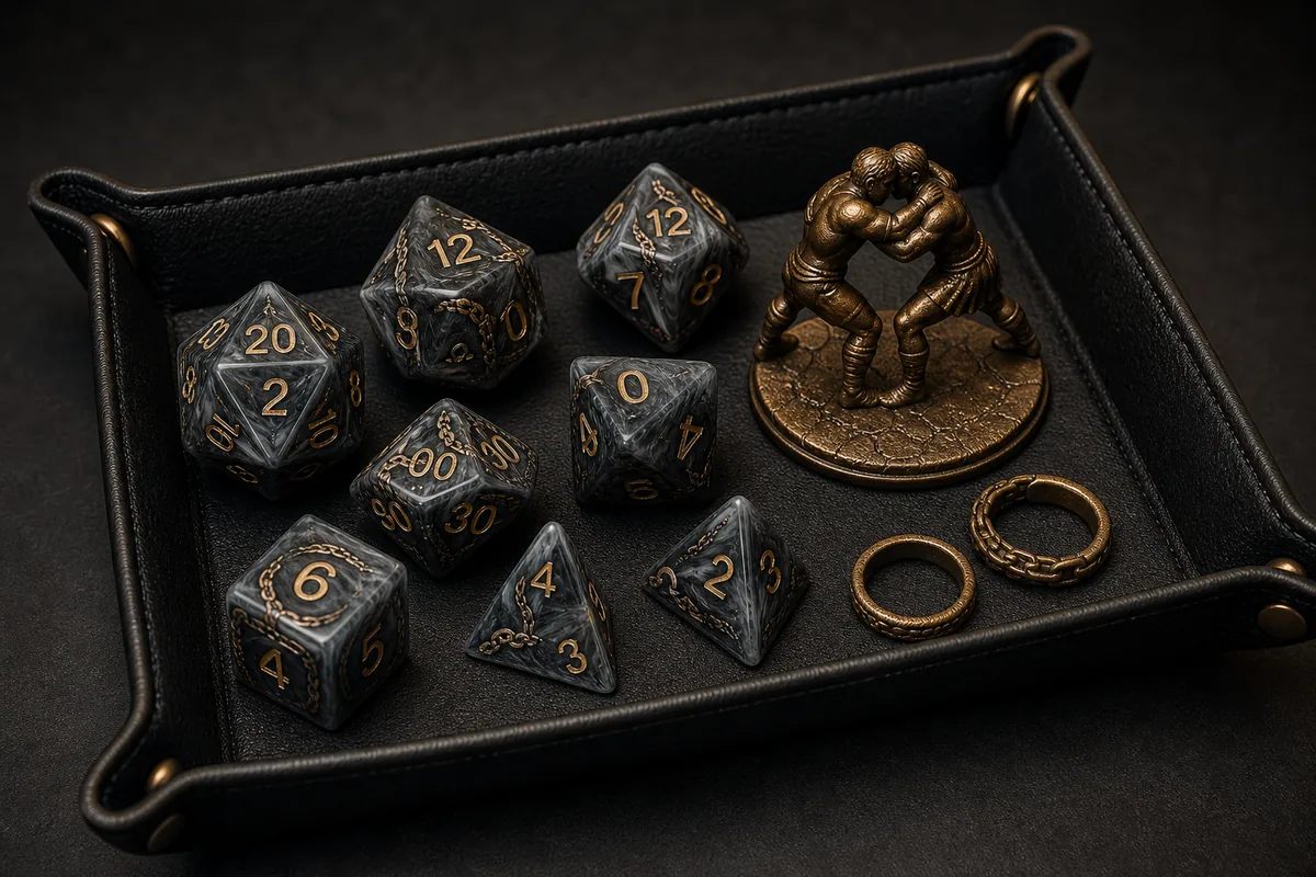 Smoky black and bronze grappler-themed polyhedral dice with wrestling miniatures and condition rings