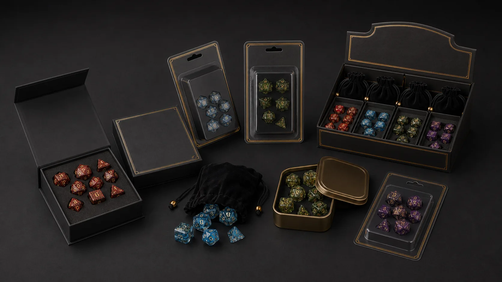 Custom dice packaging supplier for private label RPG dice boxes tins and displays