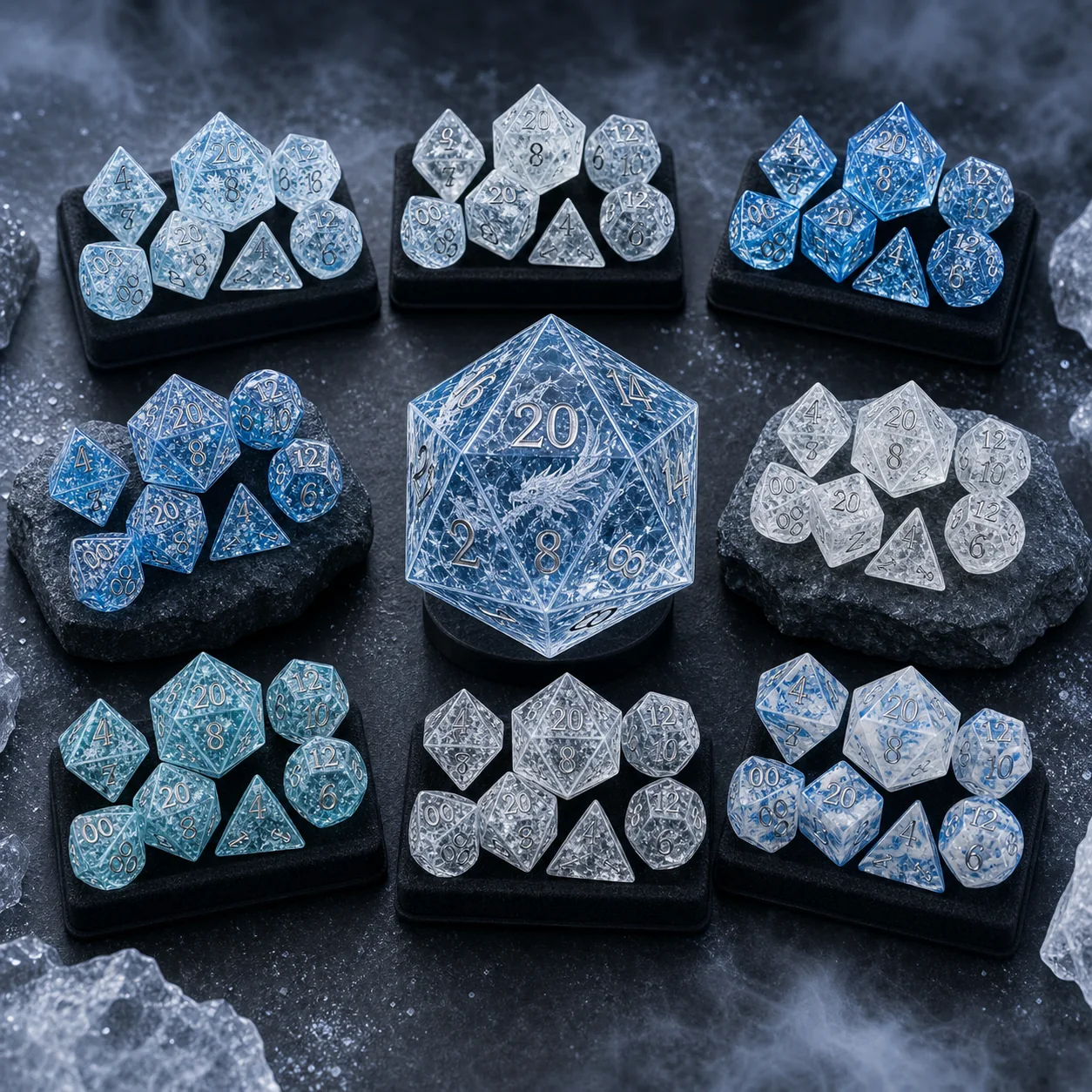 Frost Dragon wholesale dice assortment with blue and silver dragon dice sets