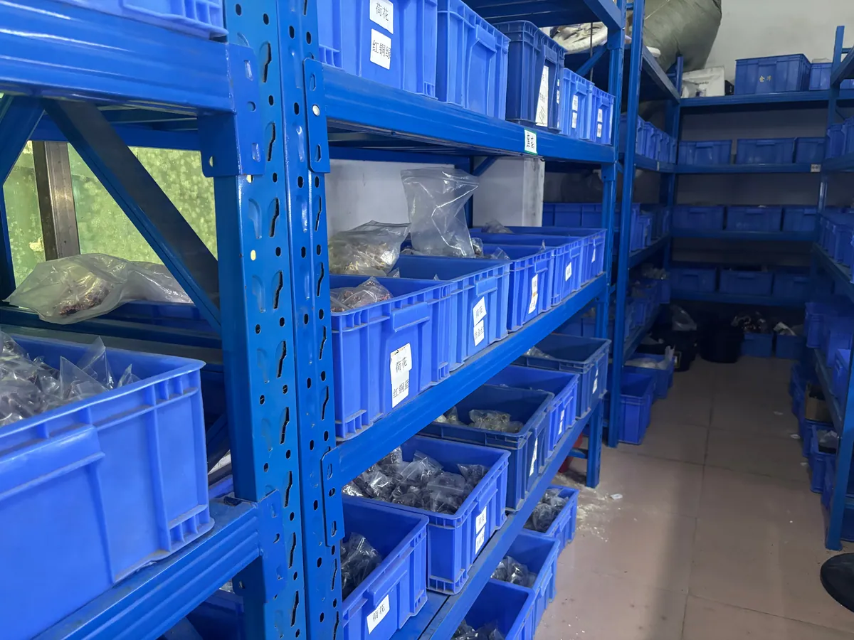 Dice factory warehouse shelves holding organized production inventory